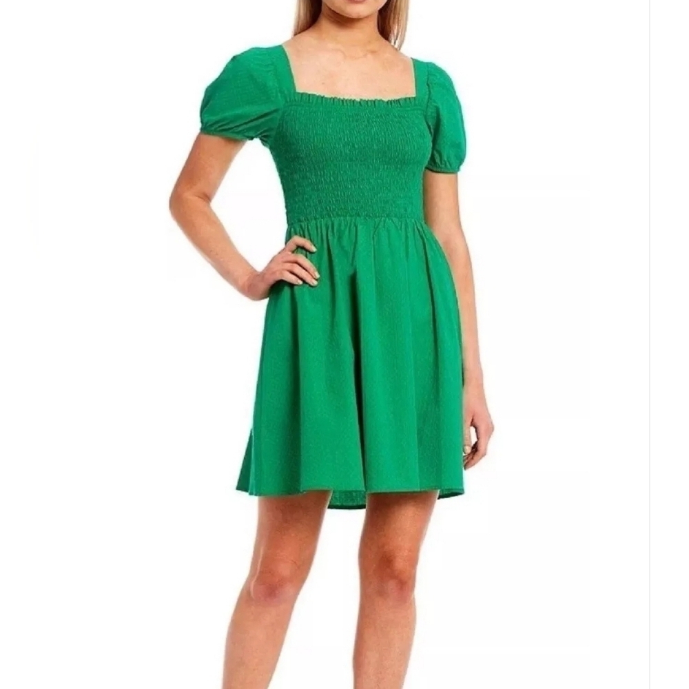 Copper Key Women’s Green Square Neck Puff Sleeve Knee Length Dress Cotton Sz XL